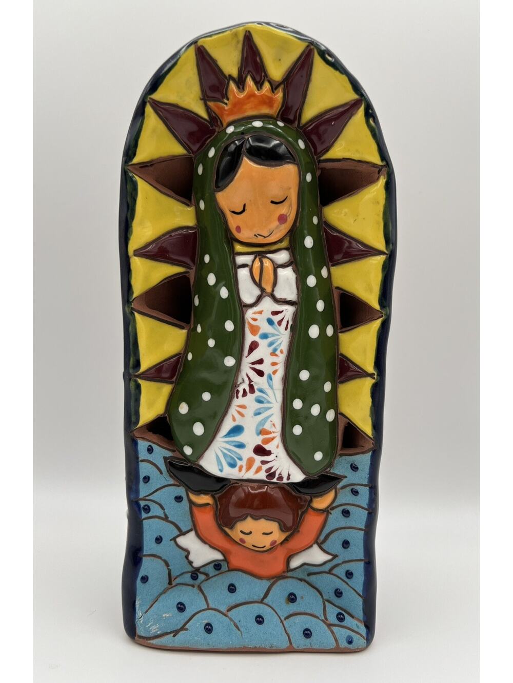 Talavera Mexican Art Pottery 11” Tea Light Lamp Sculpture Praying Lupita & Angel
